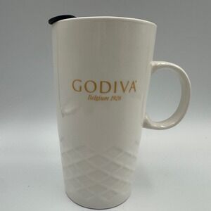 Godiva Belgium 1926 White Ceramic Travel‎ Mug Gold Logo Textured Base Black Lid